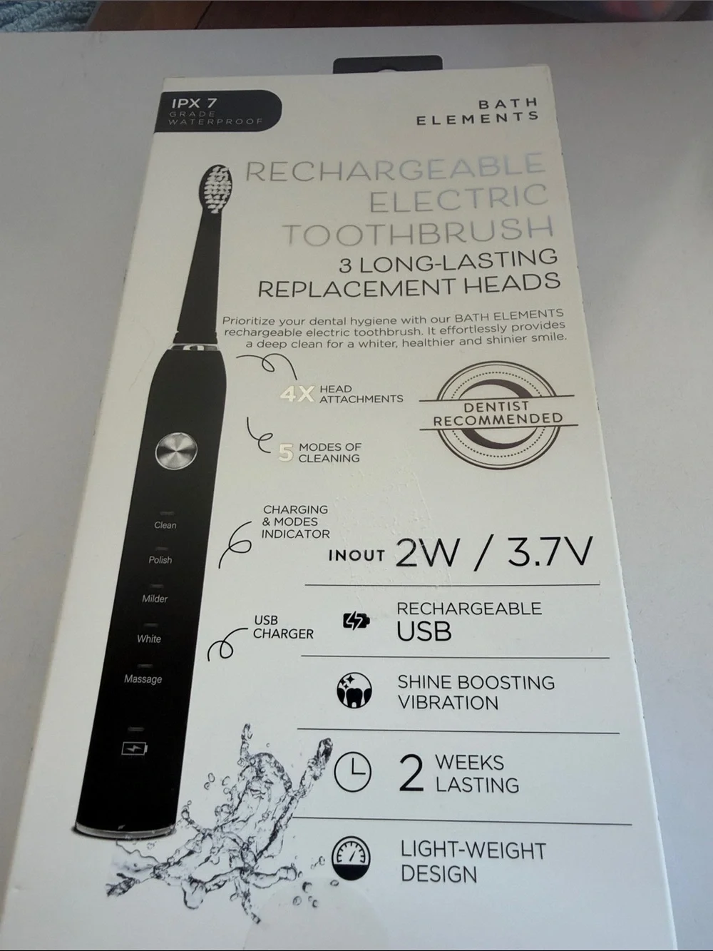 NIB Bath Element Rechargeable Electric Toothbrush - Black and White